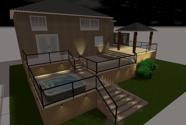 Custom outdoor living space 3D rendering with a pavilion and hot tub feature.